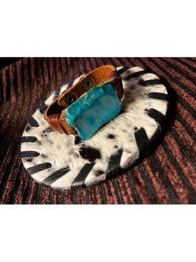 Turquoise Regalite Slab Stone  Brown Leather Cuff Bracelet